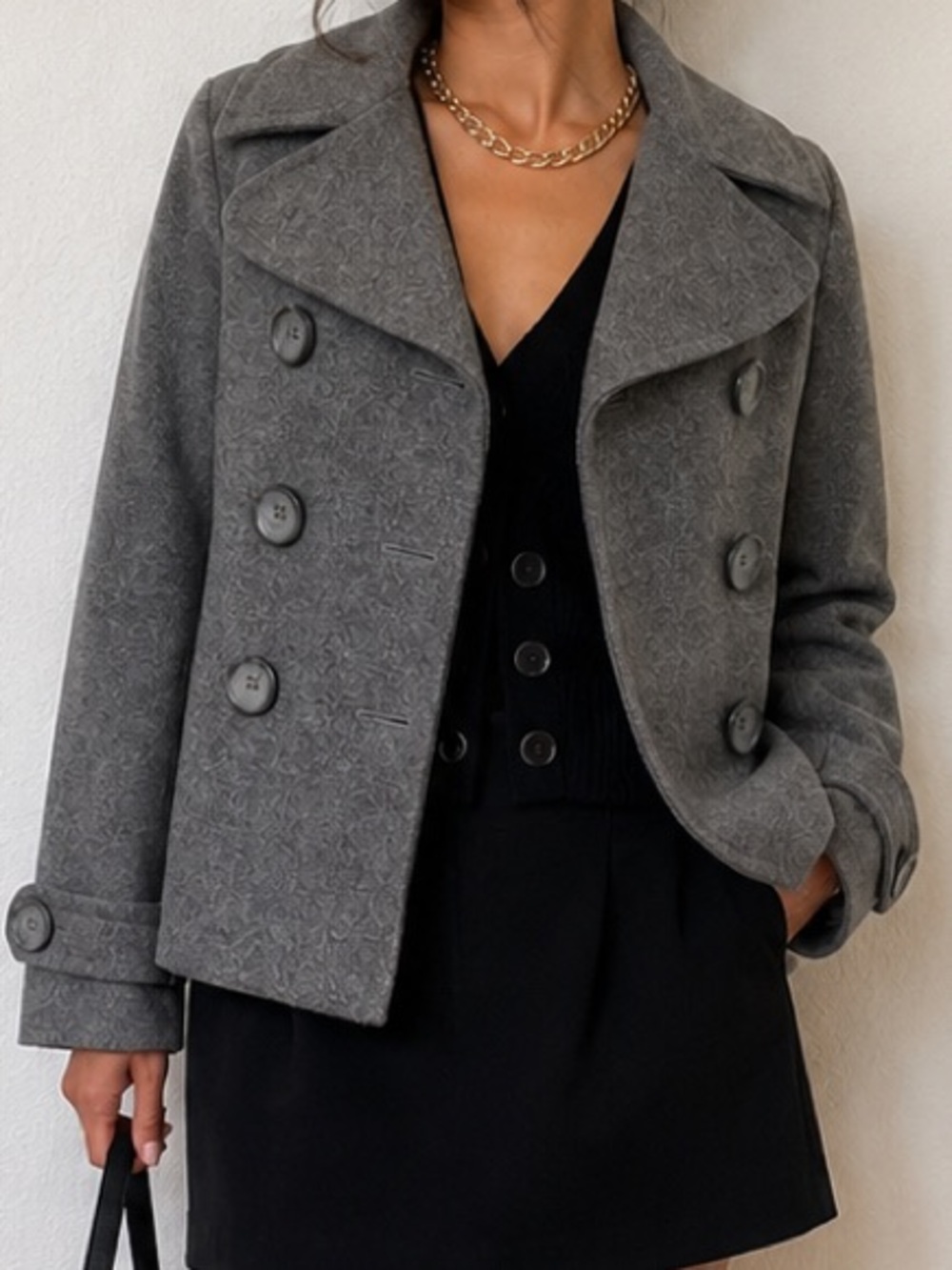 Gray Cropped Double Breasted Peacoat Jacket